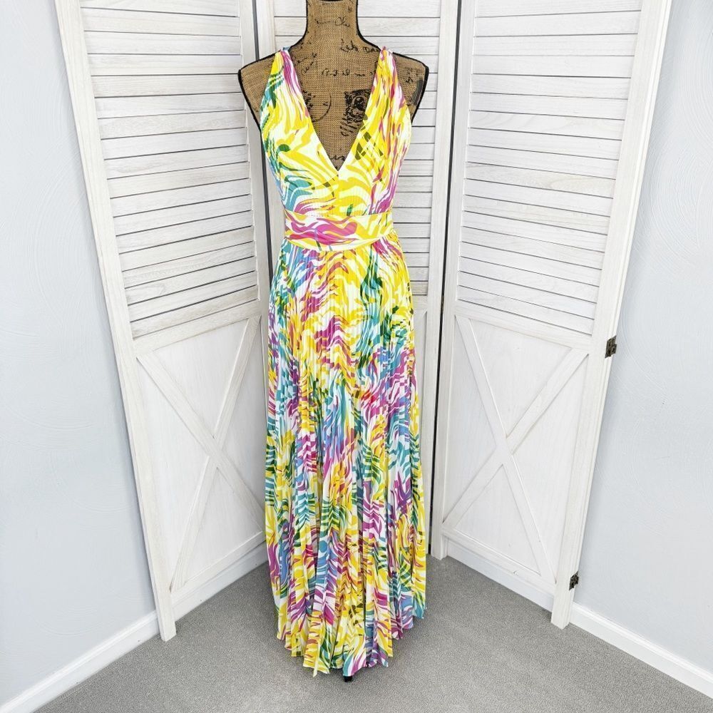 Milly Oria Waves of Zerbra Pleated Halter Maxi Dress Yellow Pink Multi Size 4